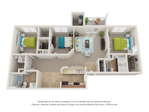 Floor plan for 3 beds, 2 baths, 1351 sqft